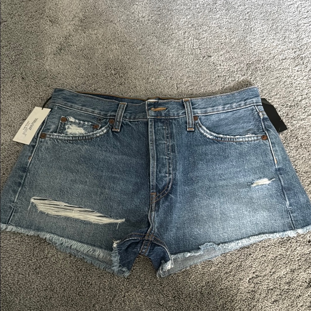 Re/Done Solid Striped Blue Distressed Jean Shorts with Frayed Hem